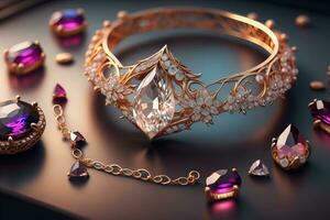 bruiloft ring met diamanten Aan een solide kleur achtergrond. sieraden. ai generatief foto