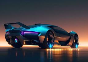 futuristische zwart sport- auto in neon licht. ai generatief foto