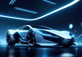 futuristische zwart sport- auto in neon licht. ai generatief foto