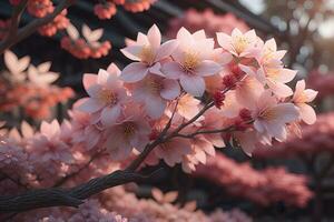 kers bloesem sakura bloem Aan blauw lucht achtergrond, ai generatief foto