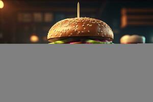 groot smakelijk Hamburger Aan houten tafel. ai generatief foto