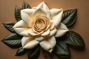 wit roos met groen bladeren Aan een solide kleur achtergrond, top visie. ai generatief foto