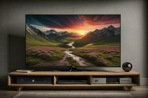 TV Aan de houten kabinet in modern leven kamer. ai generatief foto