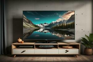 TV Aan de houten kabinet in modern leven kamer. ai generatief foto