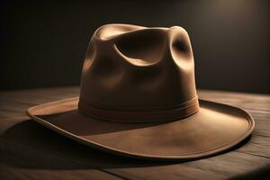 cowboy hoed Aan een houten tafel. ai generatief foto