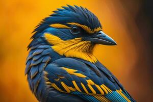 mooi blauw vogel Aan een Afdeling in de stralen van de instelling zon. ai generatief foto