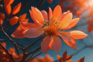 kers bloesem sakura bloem Aan blauw lucht achtergrond, ai generatief foto