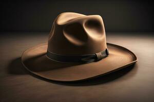 cowboy hoed Aan een houten tafel. ai generatief foto