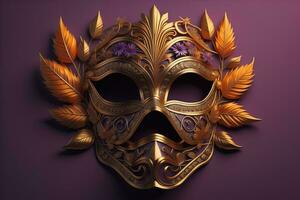 Venetiaanse carnaval masker met gouden ornament Aan een solide kleur achtergrond. ai generatief foto