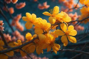 kers bloesem sakura bloem Aan blauw lucht achtergrond, ai generatief foto