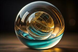 transparant kristal bal Aan een houten tafel. ai generatief foto