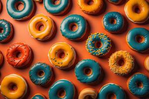 verscheidenheid van donuts Aan een solide kleur achtergrond. top visie. ai generatief foto