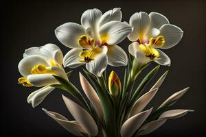 boeket van krokus en tulpen Aan solide kleur achtergrond. ai generatief foto