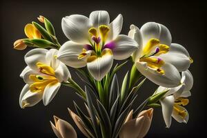 boeket van krokus en tulpen Aan solide kleur achtergrond. ai generatief foto