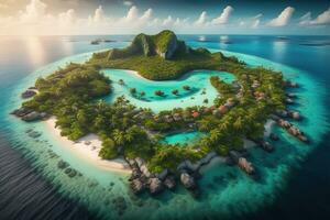 tropisch eiland met palm bomen en zand strand. ai generatief foto