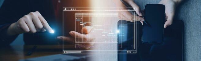 zakenman analyseren bedrijf onderneming gegevens beheer, bedrijf analytics met grafieken, statistieken en kpi's naar verbeteren organisatorisch prestatie, marketing, financieel organisatie strategie. foto