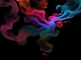 fotograaf van een enkelvoud vloeiende kleurrijk rook stroom in zwart achtergrond, ai generatief foto