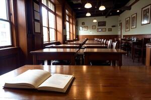 realistisch foto van boek Aan hout bureau in een bibliotheek studie kamer met knus atmosfeer