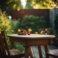 zomer tijd in achtertuin tuin met houten tafel, ai generatief foto