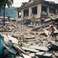 enorm verwoesting gebroken gebouw puin na aardbeving, ai generatief foto