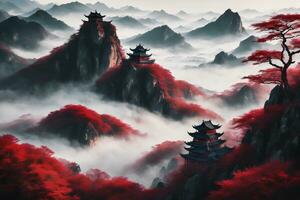 landschap illustratie van nevelig berg traditioneel gebouw in China foto