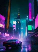 landschap illustratie van neon dampgolf cyberpunk stad straat en auto, ai generatief foto