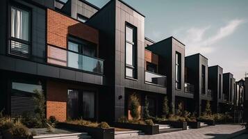 modern modulair privaat zwart herenhuizen woon- architectuur buitenkant generatief ai foto