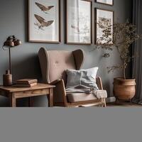 interieur ontwerp van Scandinavisch leven kamer met kaders met vleugel stoel in de buurt rustiek houten koffie tafel generatief ai foto