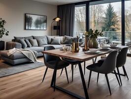 studio appartement met dining tafel en stoelen interieur ontwerp van modern leven kamer generatief ai foto