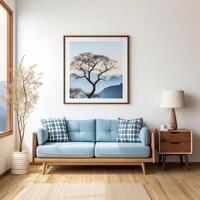 midden eeuw stijl interieur ontwerp van modern leven kamer met blauw sofa tegen wit muur en kunst poster kader generatief ai foto