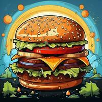 tekenfilm stijl heerlijk kaas hamburger Aan kleurrijk knal kunst retro achtergrond generatief ai foto