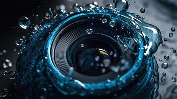 water laten vallen plons in een glas blauw gekleurde en camera lens, generatief ai foto