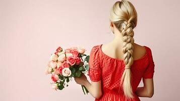 prachtig jong blond vrouw met lang Rechtdoor haar- gebonden in vlecht vervelend rood jurk en Holding boeket van veel inschrijving pale roze rozen. generatief ai foto