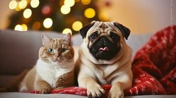 mooi rood Brits kort haar kat en aanbiddelijk mopshond met hun eigenaar over- de Kerstmis boom en feestelijk decor. generatief ai foto