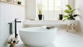 modern wit badkamer interieur ontwerp. elegant bad teller lichaam huid accessoires water kraan faciliteit. schoonheid kunstmatig producten. generatief ai foto