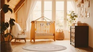 chalet baby slaapkamer interieur met knus wieg bed. licht bruin kinderachtig kamer met houten leeg kinderbed. mooi kind speelgoed- in groot huisje achtergrond. generatief ai foto