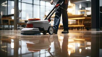 arbeider het wassen kantoor verdieping met schoonmaak machine. generatief ai foto