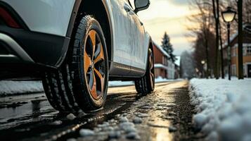 auto met winter banden overwint de besneeuwd terrein, generatief ai foto