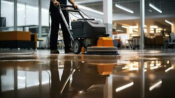 arbeider gebruik makend van schoonmaak machine naar wassen de kantoor vloer. generatief ai foto