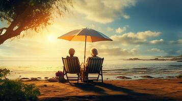 gelukkig senioren genieten in de strand warm omarmen. generatief ai foto