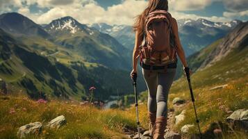 een vrouw wandelen alleen in een zomer bergen met trekking palen, generatief ai foto