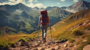 een vrouw wandelen alleen in een zomer bergen met trekking palen, generatief ai foto