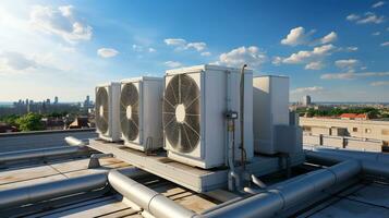lucht conditioners Aan de dak van een gebouw in een industrieel Oppervlakte. generatief ai foto