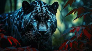 een zwart panter jacht in de oerwoud duisternis. generatief ai foto