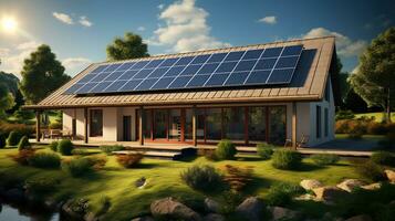 een huis met milieuvriendelijk zonne- panelen of alternatief fotovoltaïsche installaties voor elektriciteit Aan de dak Aan een zonnig dag. de concept van schoon, duurzame en hernieuwbaar energie. generatief ai foto
