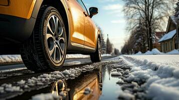 auto met winter banden overwint de besneeuwd terrein, generatief ai foto