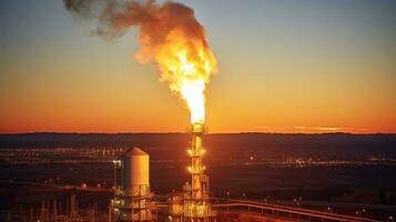 gloed pit toren voor gas- verbranding natuurlijk gas- verwerken, buitenshuis industrieel gloed boom, generatief ai foto