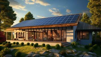 een huis met milieuvriendelijk zonne- panelen of alternatief fotovoltaïsche installaties voor elektriciteit Aan de dak Aan een zonnig dag. de concept van schoon, duurzame en hernieuwbaar energie. generatief ai foto