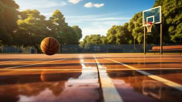 zonnig luchten en dichtslaan dunkt Aan de buitenshuis basketbal rechtbank. generatief ai foto