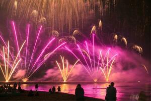 vuurwerk over- de water Bij nacht foto